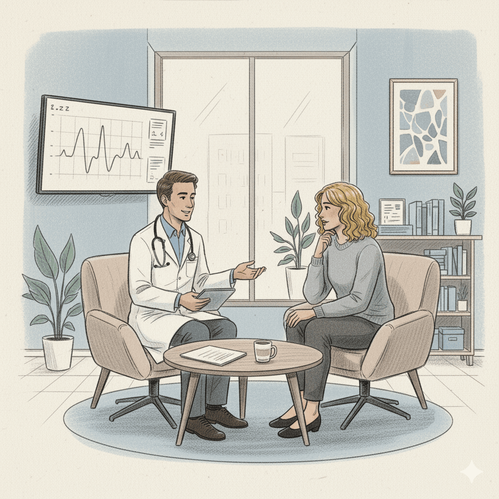 Doctor talking with patient in a bright clinic